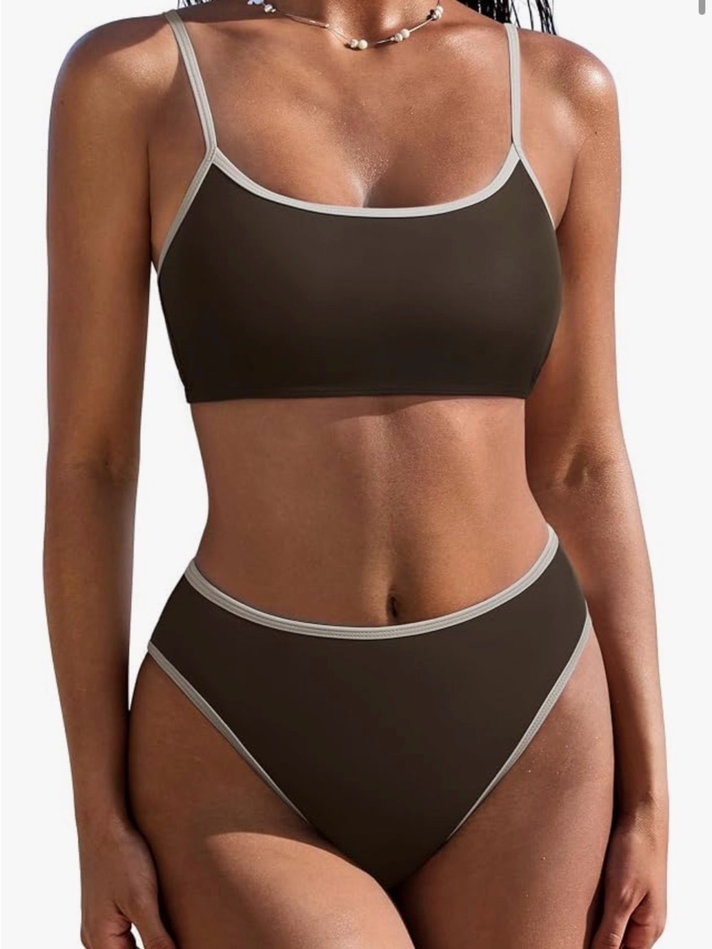 Two-Piece Women's Bikini Set in Dark Brown with Contrast Trim
